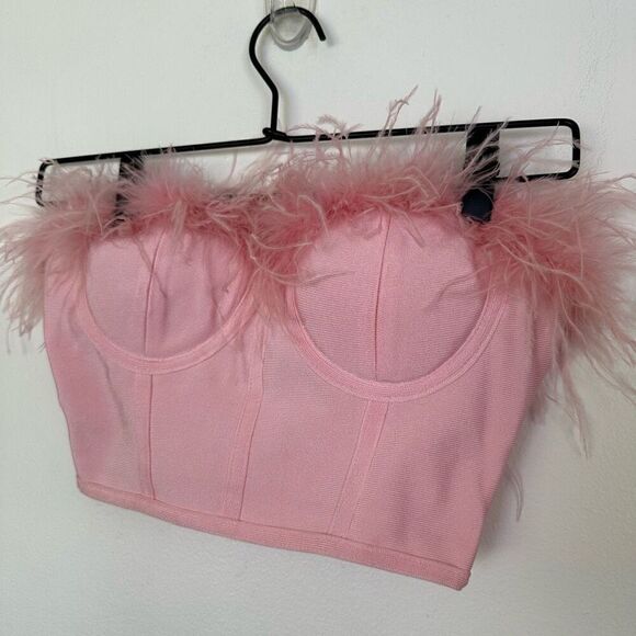 Superdown Ramona Feather Trim Bustier Top in Blush Pink - Picture 3 of 11